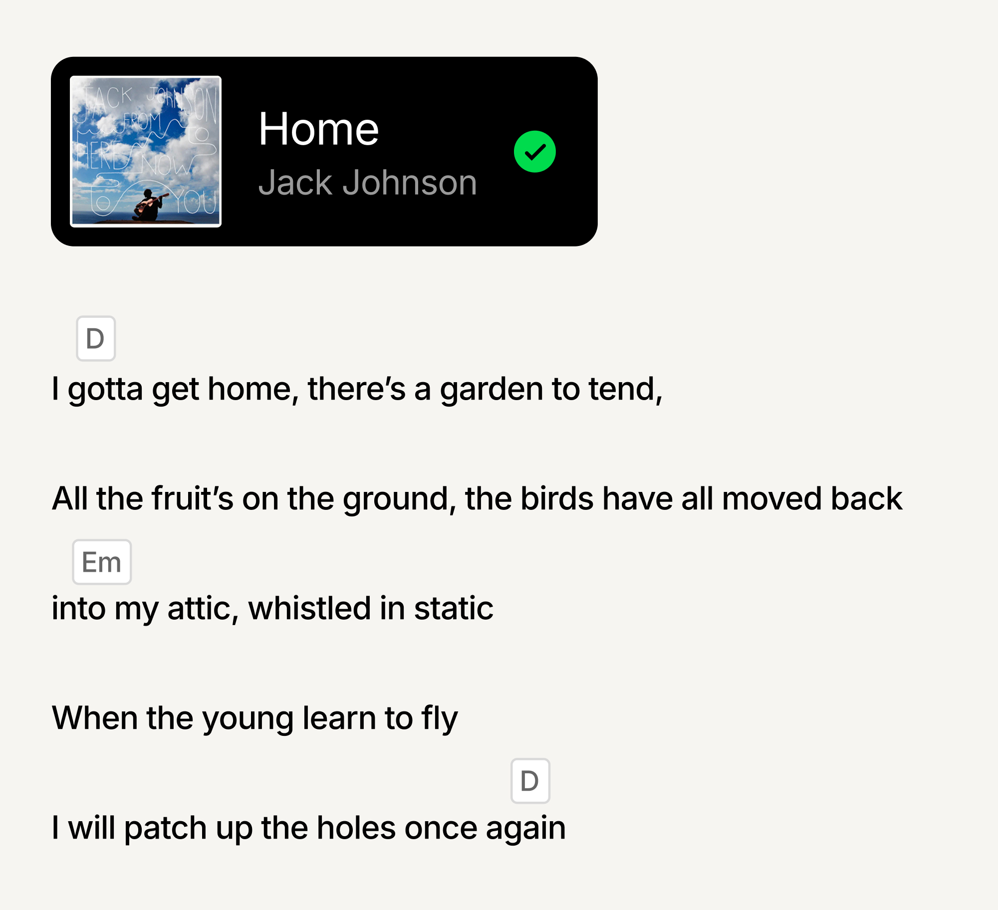Reference lyrics and chords for the intro to Home by Jack Johnson