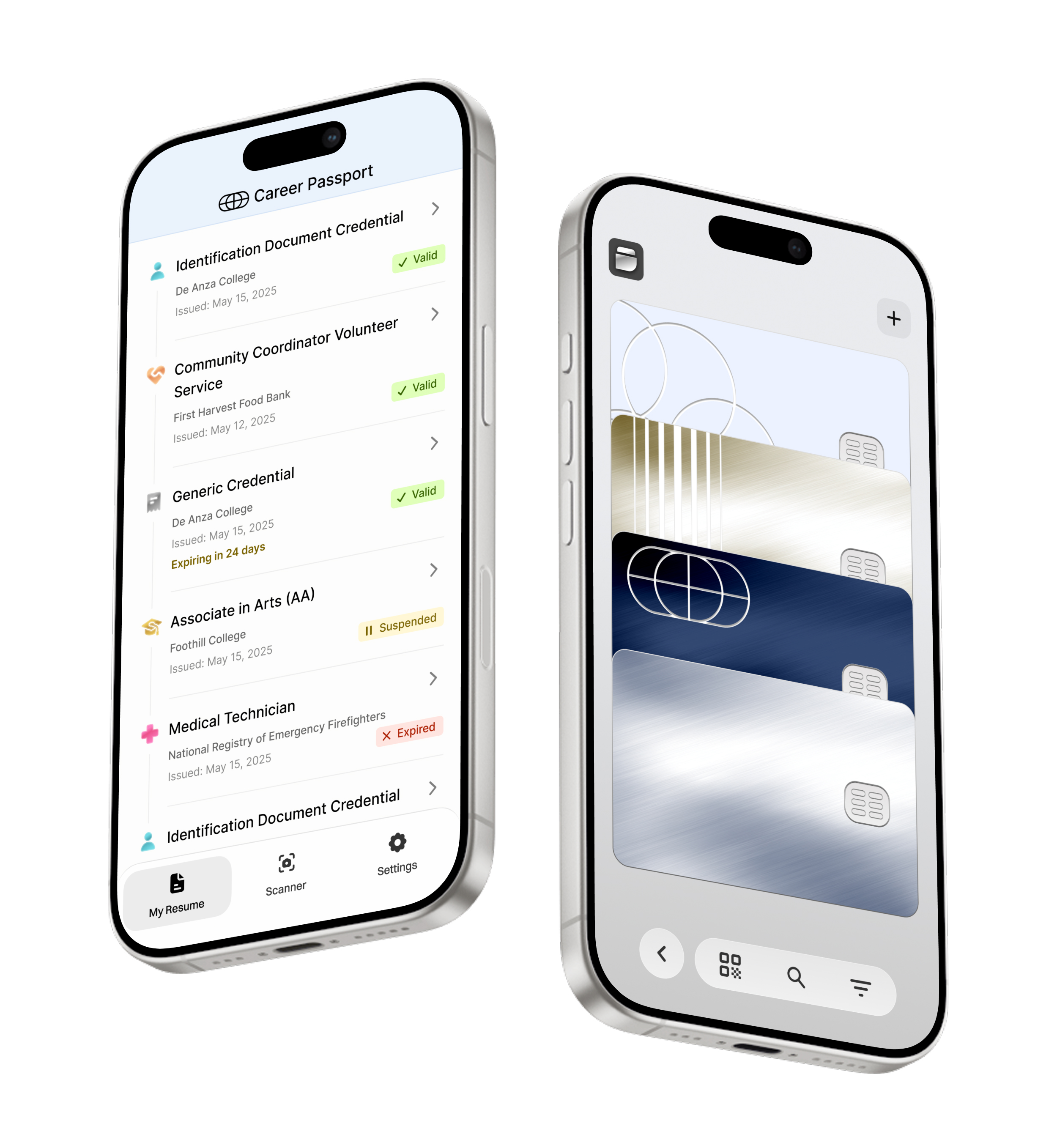 Apple Wallet-style card designs compared to resume-style credential layouts